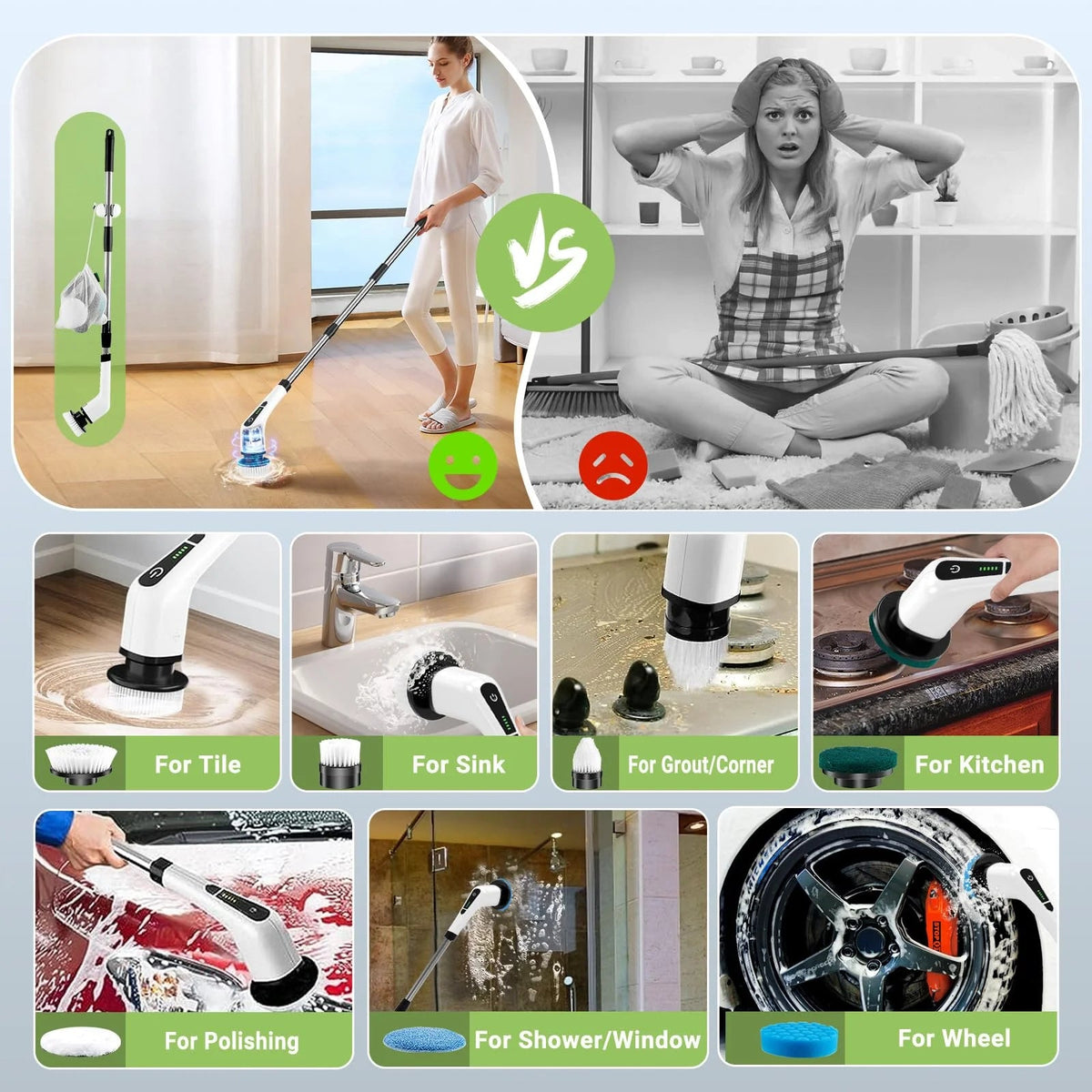 Cordless Electric Spin Scrubber | 8-Head Cleaning Kit